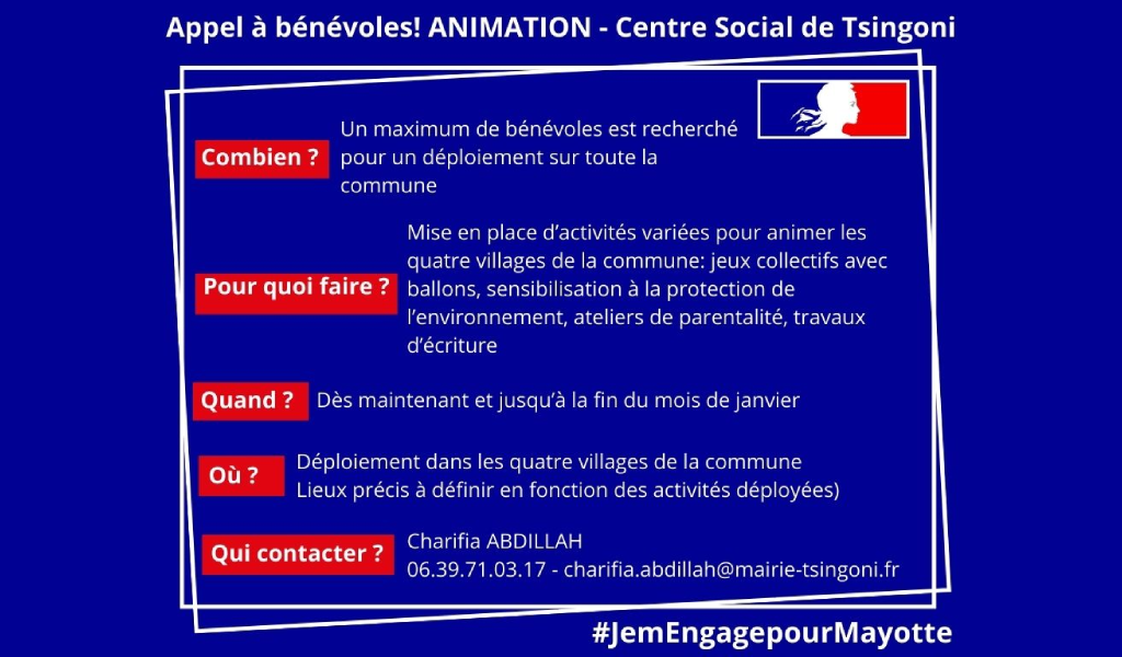 Appel à Bénévoles pour l&rsquo;Animation au Centre Social de Tsingoni